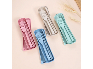 ISO certified BPA free PP plastic eco-friendly wheat straw spoon fork chopsticks travel portable cutlery set with case